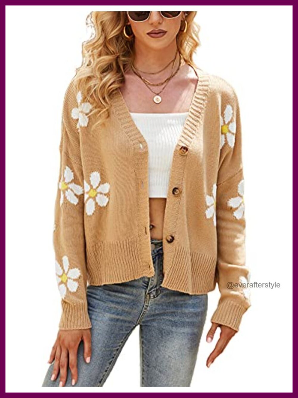 Daisy Button Jacquard Knit Cardigan Sweater Jacket V-Neck Drop Shoulder